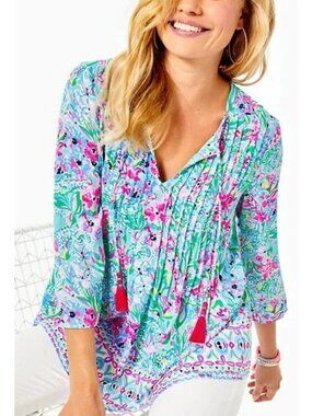 Lilly Pultizer Marilina 3/4 Sleeve Tie Front Tunic Top In Amalfi Blue Women's XS